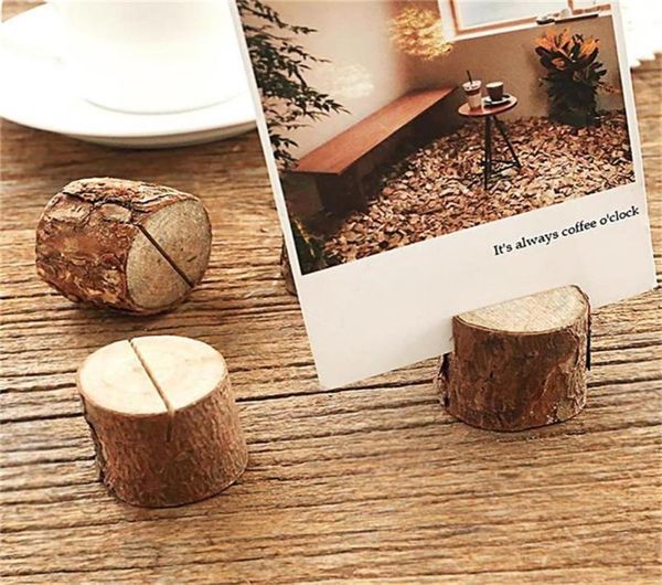 Mucchio di legno Nome Segnaposto Po Porta menu Tavolo Forma di ceppo di albero naturale Numero Clip Stand Decorazione di nozze per feste8818797