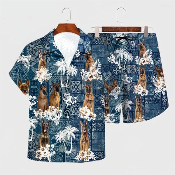 Tracksuits masculinos HX Belga Malinois Havaiano Conjunto Flor Tropical 3D Impresso Camisa de Lapela Shorts Beach Surfing Homens para Mulheres Sunmmer Roupas