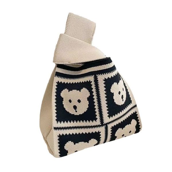 Bolsa feminina balde de lã de malha japonês e coreano mão carregando casual sacola almoço urso