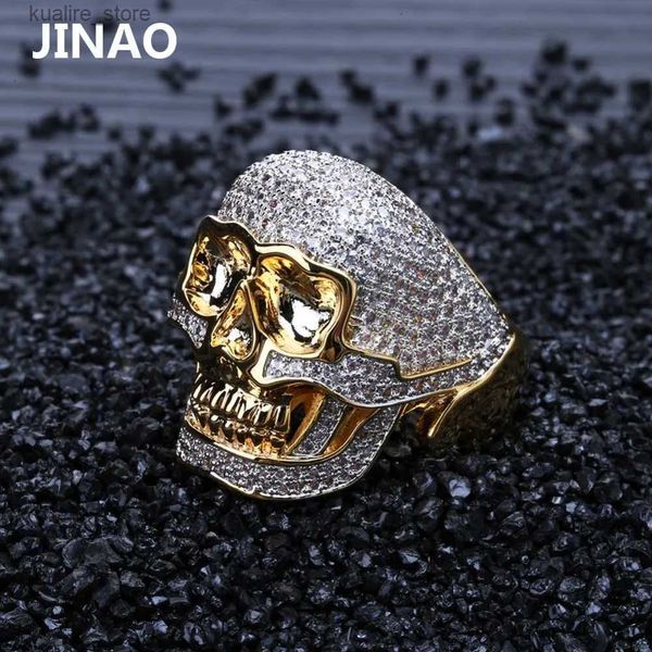 Кольца кластера JINAO Хип-хоп Медное двухцветное кольцо с черепом Iced Out Micro Paved Кубический циркон Панк Модное кольцо для мужчин и женщин с 7891011 Размер L240315
