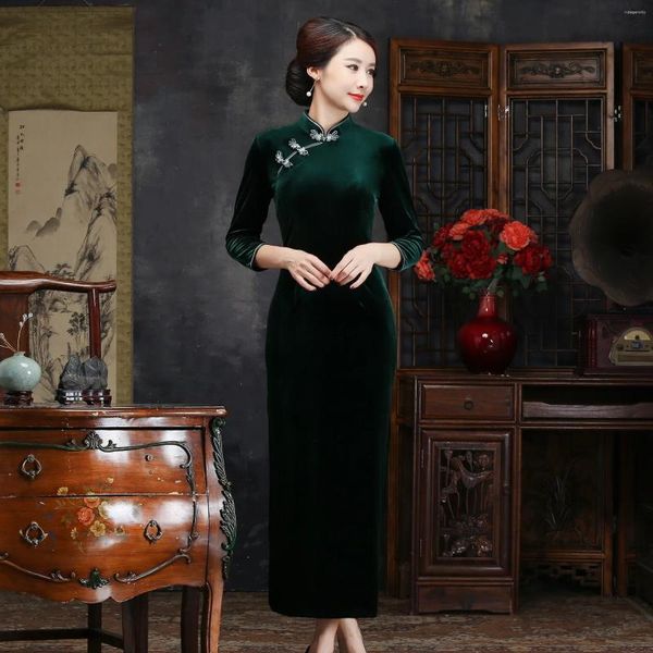 Abbigliamento etnico Oversize Velour femminile lungo Qipao Abito tradizionale cinese Autunno Inverno Elegante classico Cheongsam Sexy Slim Split Vestidos