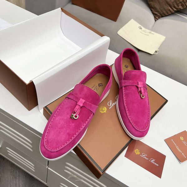 Loro * Piana Lazy LP Mocassins formais femininos de couro camurça sapatos de feijão de fundo plano grande estilo europeu