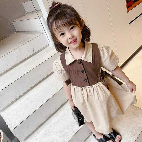 Kız Elbiseleri Çocuk Giyim Yaz 2023 Yeni Küçük Kısa Kollu Kız Gömlek Elbise Kore tarzı Tatlı Giysiler Çocuklar İçin Bir Parça Elbise 240315