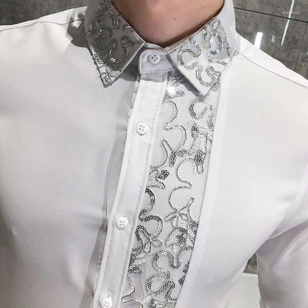 Camicie casual da uomo Camicia elegante da sposa con paillettes Abiti da uomo coreani 4xl Nero Bianco da uomo in pizzo manica lunga Slim Fit Social