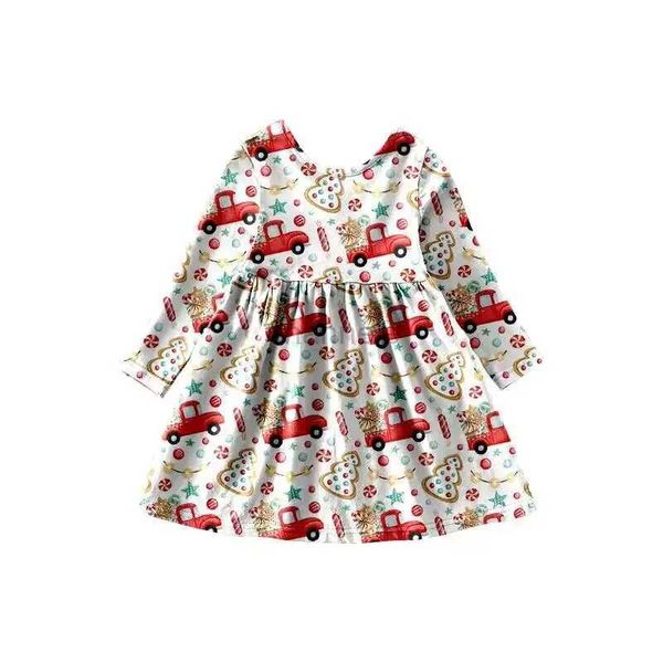 Mädchenkleider Weihnachtskleid mit langen Ärmeln für Mädchen am Knie um den Ausschnitt, roter Autodruck aus Milchseidenstoff für Mädchen 240315