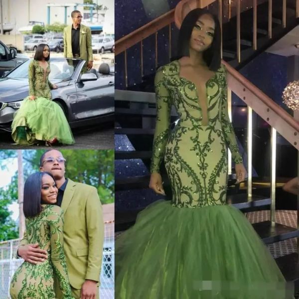 Скромные африканские черные девушки, зеленые платья русалки для выпускного вечера с глубоким V-образным вырезом и блестками, аппликация на заказ с длинными рукавами, вечерняя одежда