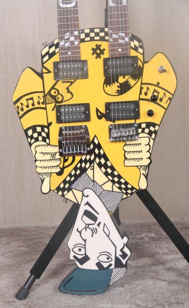 Seltene, günstige Trick039s Rick Nielsen Uncle Dick Doppelhals-E-Gitarre, gelb, 21 Bünde an jedem Hals, Chrom-Hardware, weiß, Pe5286442