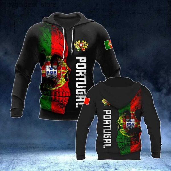 Moletons masculinos Moletons Nome Personalizado Portugal Crânio Padrão Unissex Hoodies Soltos Mens Moda Moletons Menino Roupas Casuais Oversized Streetwear L240315