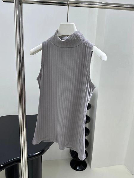 Damen-Tanktops, graue Baumwolle, schlanke Rollkragenweste, hohe Qualität für Frauen, 2024, weiße, solide Stickerei, elastisches, asymmetrisches Rippstrick-Tanktop