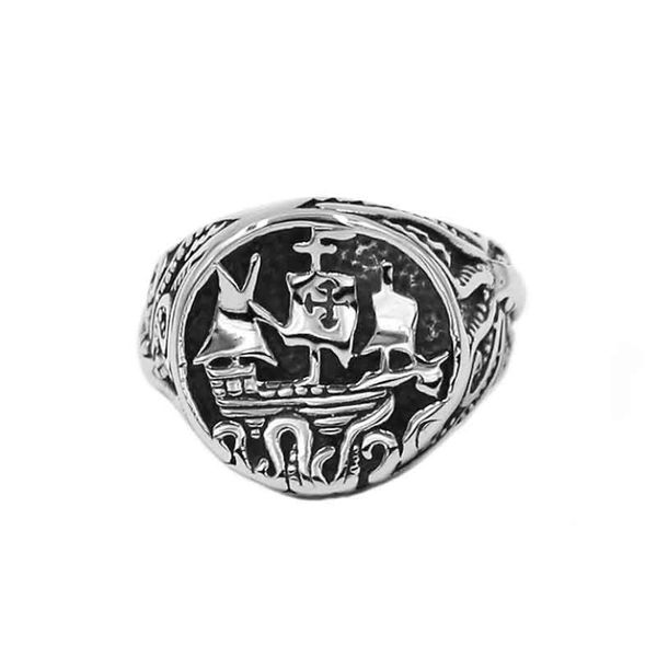 Segelboot-Schiff-Kreuz-Ring, Edelstahl-Schmuck, klassischer Piratenschiff-Oktopus-Marine-Militär-Biker-Herrenring 891B206y