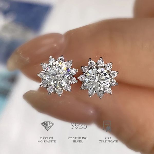 Diamondworld Pırıltılı 05CT Diamond Halo Güneş Çiçek Saplama Küpeleri Kadınlar İçin 925 STERLING Gümüş Partisi Güzel Takı 240227