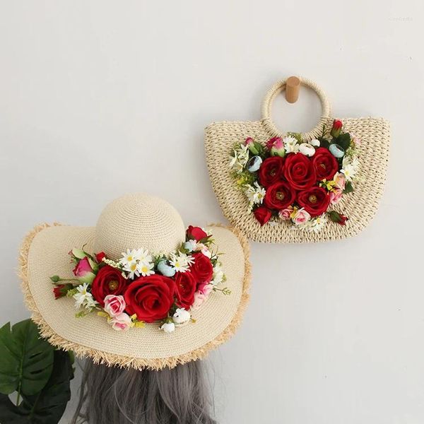 Omuz Çantaları Özelleştirilmiş Rattan Kadınlar Yaz Plaj Çantası ve Şapka Takım Çok renkli Gül Çiçek Moda Tote Tek Tatil Tatil