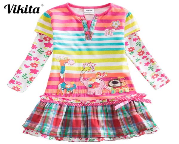 VIKITA Marca Abiti per ragazze Bambini Baby Striped Roupa Infantil Dress Vestiti per bambini Ragazze Cervo Elefante Cartoon Abiti di fiori LJ200826979536