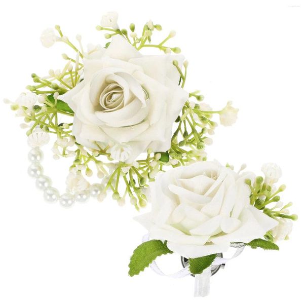 Dekorative Blumen Künstliche Handgelenk-Corsage Bräutigam Boutonniere Hochzeit Weißes Armband Braut Bräutigam