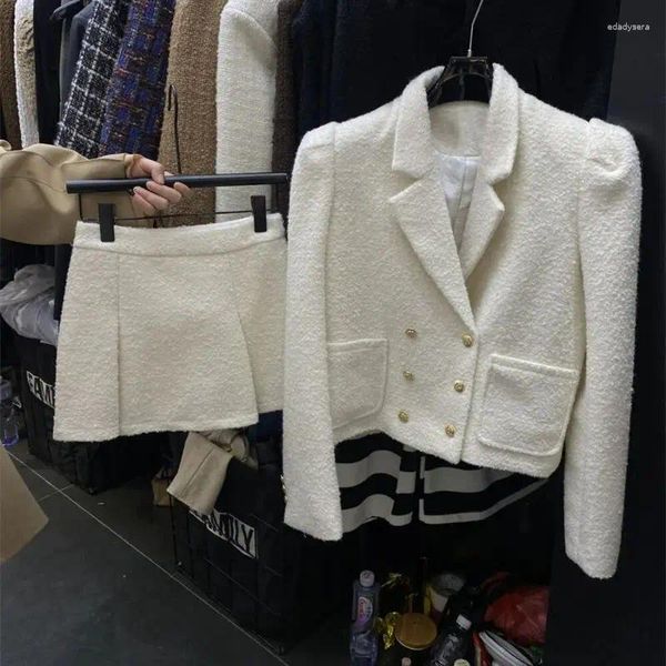 Abiti da lavoro Giacca invernale in lana doppio petto Blazer Mini gonna a pieghe Abito da festa elegante di fascia alta da donna di lusso Set da 2 pezzi Q916