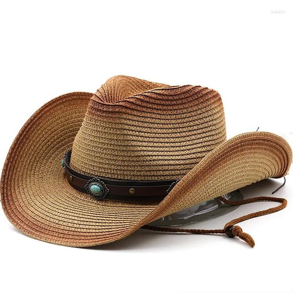 Berets Panama Sommerhüte Hut Cowboy Stroh Für Männer Frauen Lederband Große Krempe Sun Beach Jazz Cap Fedora