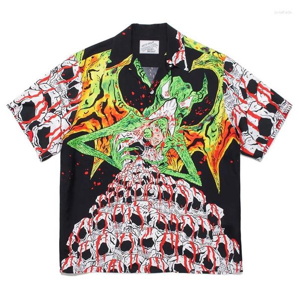 Camisas casuais masculinas wacko maria hip hop camisa graffiti impressão completa verão solto de alta qualidade moda manga curta clássico all-match