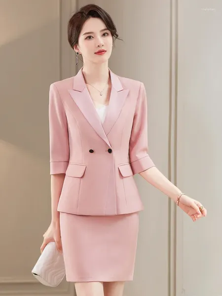 Zweiteilige Damenhose, Frühling 2024, halbe Ärmel, einfarbig, modisch, formelle Kleidung, schwarze Arbeitsuniformen, rosa Rockanzug