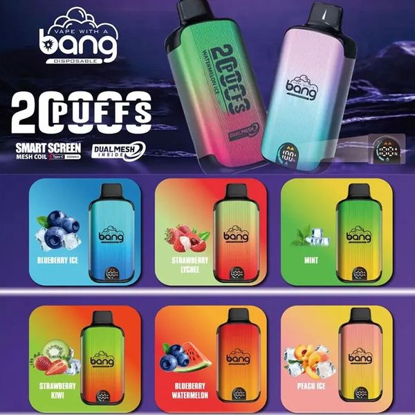 Original Bang 20000 Puffs 20k Puffs 28ml Pré-carregado 650mAh Caixa Digital Recarregável Vape Descartável 0%2%3%5%Exibição Inteligente Bang