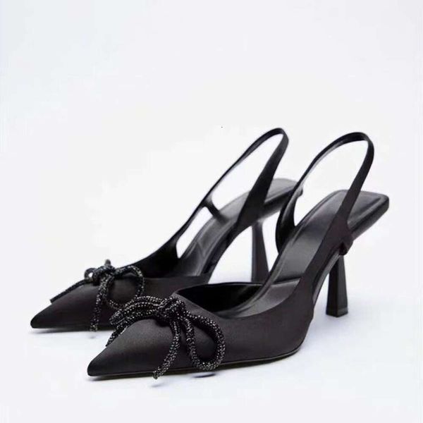 Za 2023 primavera e outono novo laço preto decoração elegante alta único sapatos de salto fino apontou sandálias moda feminina