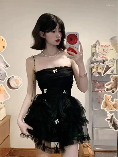 Casual Kleider Sogar Party Schwarzes Kleid Frauen Korsett Y2k Mini Büro Dame Ärmellos Figurbetontes Spitze Einteiliges Koreanisches