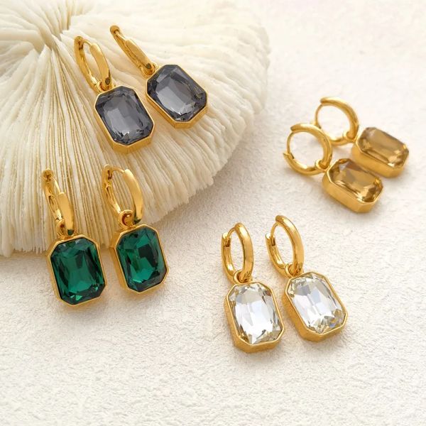 Vendita calda tendenza quadrato verde bianco cristallo 14k orecchini in oro giallo per le donne orecchini di fascino gioielli di moda