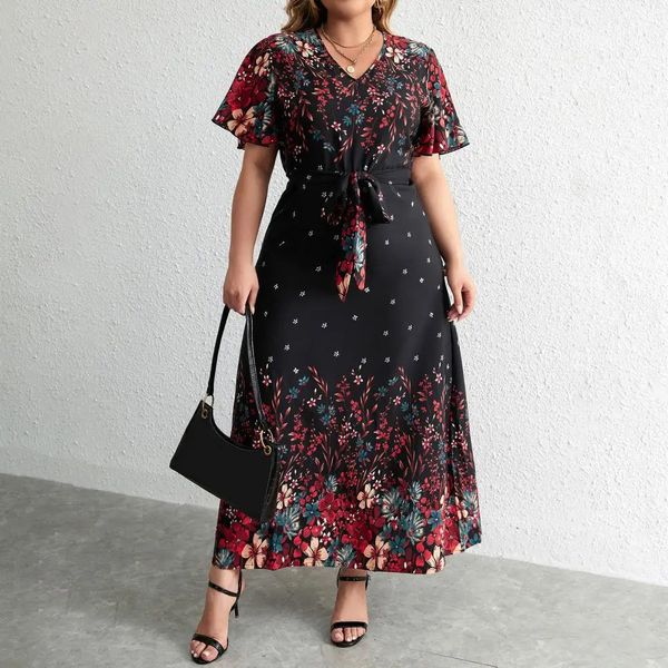 Plus-Size-Kleid mit Blumendruck, Aline, Maxi, mit Schnürgürtel, V-Ausschnitt, für Damen, knöchellang, Party, Abschlussball, 240312