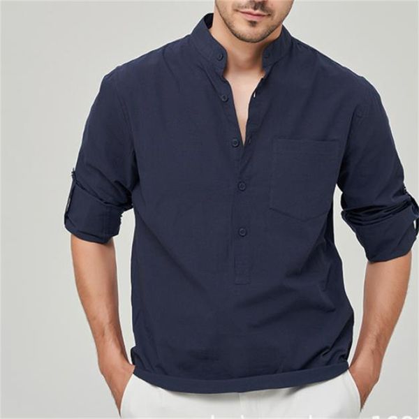 Camicie casual da uomo Primavera Estate Top in puro cotone Colletto alla coreana Camicia Henry a maniche lunghe Pullover Abbigliamento formale da uomo Bianco Nero Blu XXXL