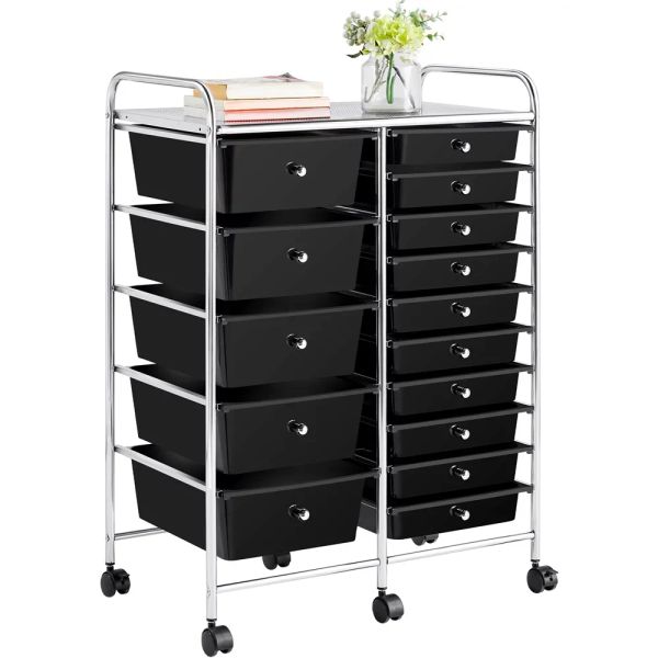 Cassetti Carrello portaoggetti mobile con 15 cassetti Carrello portaoggetti mobile Organizzatore per ufficio domestico, Nero, 25,00 X 15,00 X 36,00 pollici