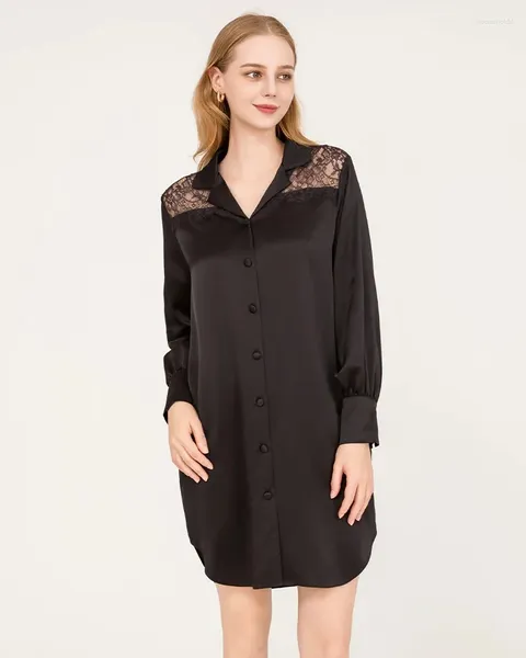 Damen-Nachtwäsche, hochwertiges Nachthemd aus reiner Seide, 22 Momme, Spitze, Maulbeer-Nachtkleid