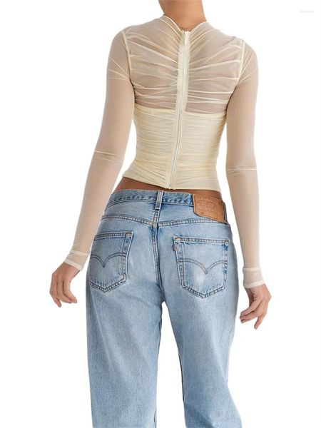 Magliette da donna Camicia a maniche lunghe in maglia trasparente da donna Tulle See Through Top corto slim fit Y2k Top con volant per uscire Streetwear