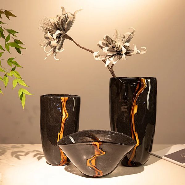 Черная стеклянная ваза, трещина, рябь, цветочный горшок, цветочная композиция, аксессуары, цветочный горшок, украшение для террариума, 240306