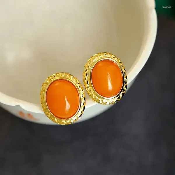 Brincos de parafuso prisioneiro tangerina cera de abelha brincos de ouro antigo artesanato oval para mulheres em estilo étnico vintage joias de prata