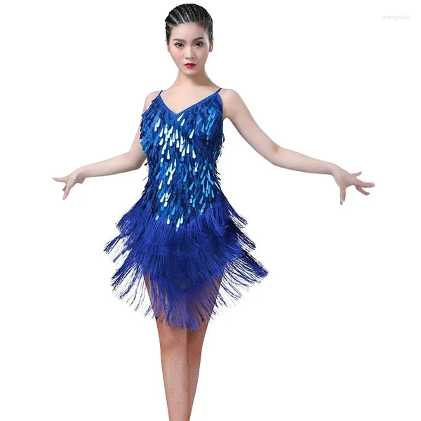 Bühnenkleidung Latin Dance Kleid Frauen Glänzende V-Ausschnitt Kostüme1920er Jahre Gatsby Fransen Flapper Rückenfrei Sommer Mesh Pailletten