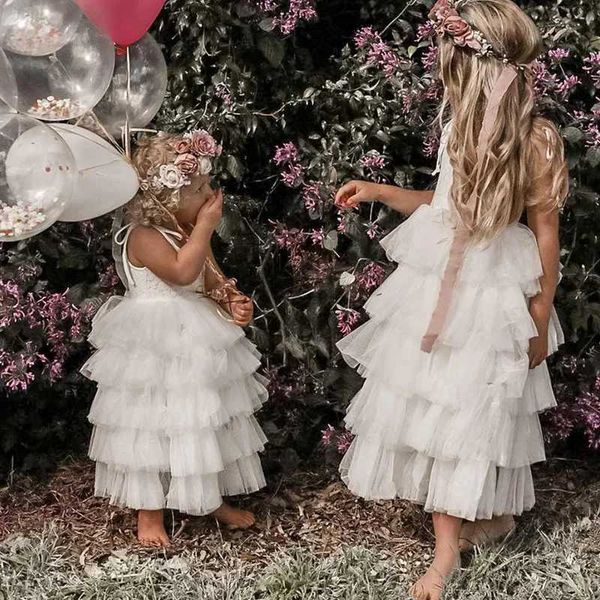 Kız Elbiseleri Beyaz Prenses Çiçek Kız 2024 İlkbahar Yaz Sling Dantel Desen Kek katmanları için Tül Doğum Günü Çocuklar Akşam Elbisesi 3-8 Yıl 240315