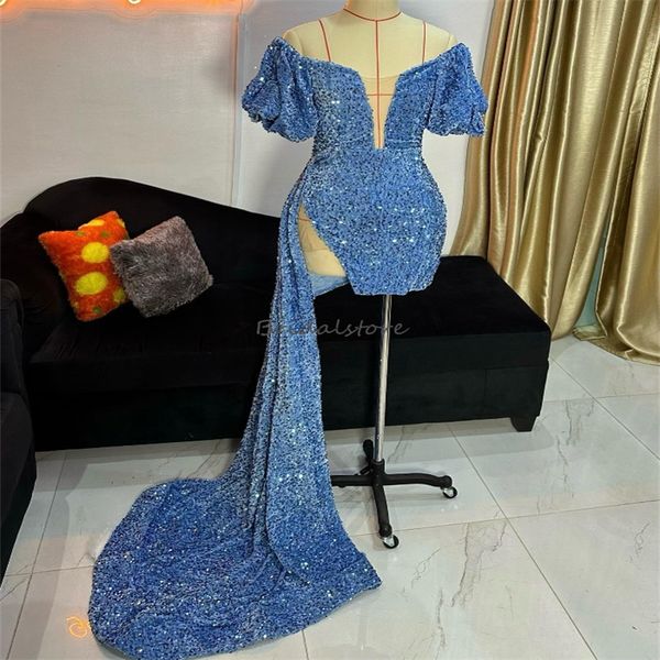 Blaue kurze Abendkleider mit glitzernden Pailletten und Schleppe, schulterfrei, Etui-Mini-Kurzkleid für schwarze Mädchen, glitzerndes afrikanisches Abendkleid, elegante, formelle Geburtstagskleidung