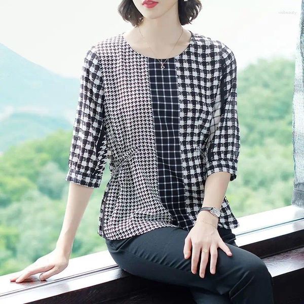 Blusas femininas verão em torno do pescoço pulôver com xadrez emendado rendas até moda versátil manga média cintura chiffon camisa