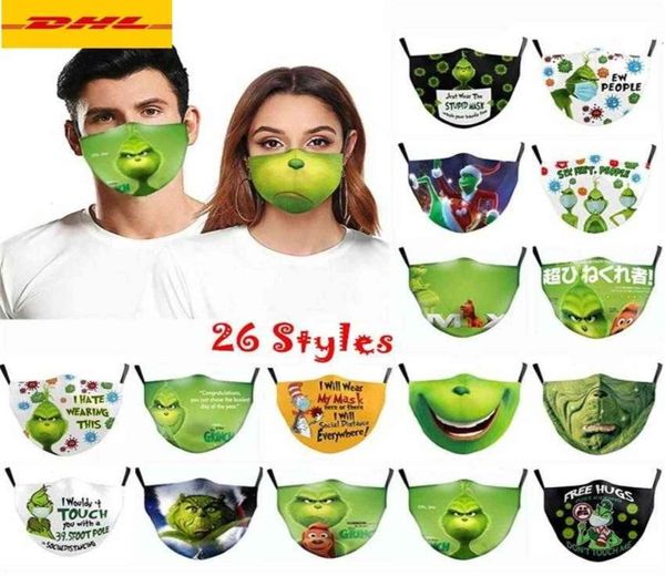 26 stili Grinch Stole Christmas 3d Print Cos Maschere per il viso in cotone riutilizzabili lavabili a prova di polvere Cute Fashion Adult Mask Ornaments1762401