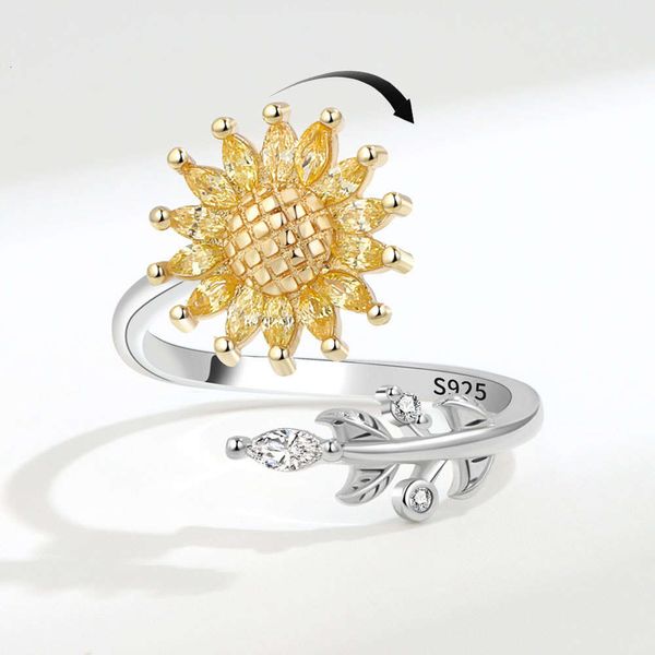Вращающееся микро-набор Tiktok с бриллиантами и полным цирконием, кольцо для облегчения тревоги с подсолнухом, женское