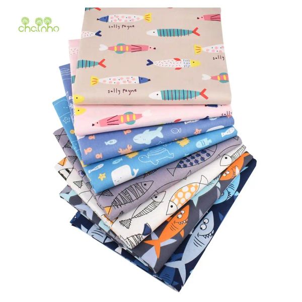 Fabric Chainho, padrão de peixes de desenho animado, tecido de sarja impresso, 8 design, material de acolchoado de costura DIY para roupas de cama para bebês para crianças