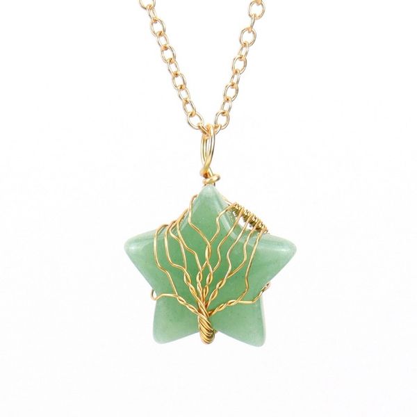 Pedra natural estrela colar árvore da vida fio de ouro envolto cascalho cura pedra preciosa pingente colares jóias femininas