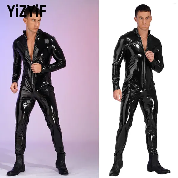 Roupa de banho feminina masculina moda zíper gola bodysuit couro patente brilhante manga longa macacão clubwear