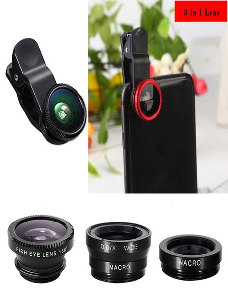 Obiettivo della fotocamera del telefono con clip universale in metallo 3 in 1 Fish Eye Macro 065X Grandangolo per iPhone 7 8 Samsung Huawei P20 con vendita al dettaglio Pa5424318