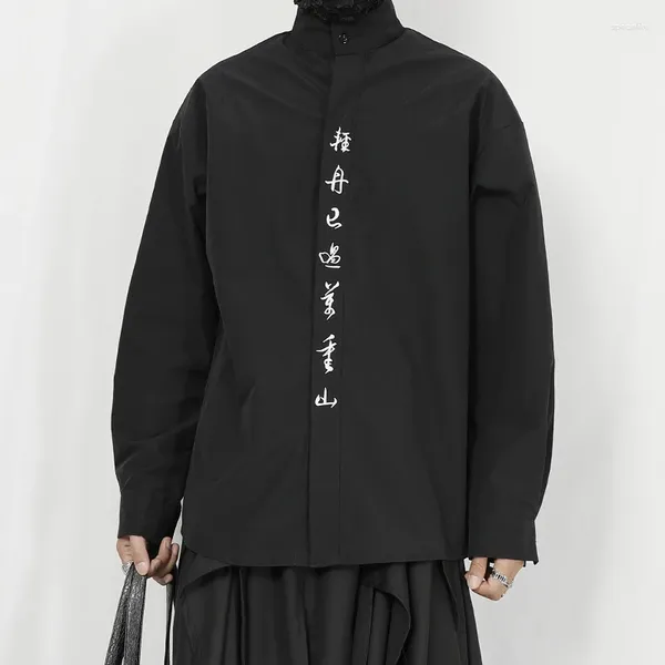 Camisas casuais masculinas camisa estilo chinês original com caligrafia bordado design nicho solto colarinho de manga comprida
