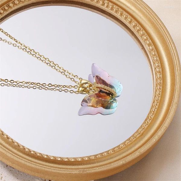 Anhänger Halsketten 2024 Charm Farbverlauf Farbe Schmetterling Halskette Für Mädchen Kupfer Mit CZ Herz Flügel Choker Drop