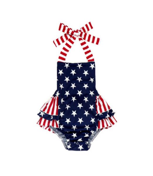 Yeni doğan bebek kıyafetleri Amerikan bayrağı bağımsızlığı ulusal gün ABD 4 Temmuz Yıldız Stripe Baskılı Sling Rompers pamuk fırfırlı tulum1038251
