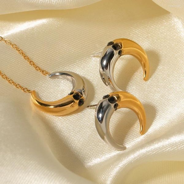 Conjunto de brincos de colar com design de chifre de duas cores brinco/colar incrustado de diamantes pretos banhado a ouro 18K joias personalizadas de aço inoxidável
