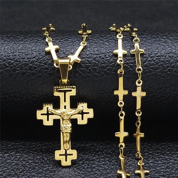 Christliches Kreuz Jesus 14k Gelbgold Halskette für Damen/Herren Goldfarbenes Kruzifix Rosenkranz Kette Schmuck Rosario Homme