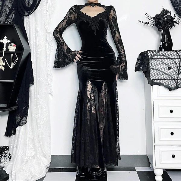 Vestidos casuais goth escuro vintage shopping gótico elegante laço trompete grunge estético punk v-pescoço vestido longo mulheres magro noite alt vestir