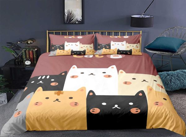 Cartoon-Katze-Bettbezug-Set, Tierdruck, Bettwäsche mit Kissenbezug, 23-teilig, Tröster für Schlafzimmer, Dekor 21082189298756810812